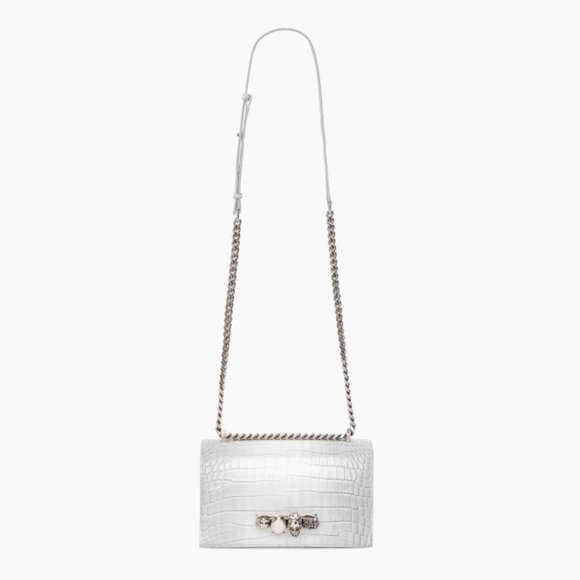 Alexander McQueen Four Ring Croc-Embossed Leather Crossbody Bag Light Gr… - Picture 6 of 11